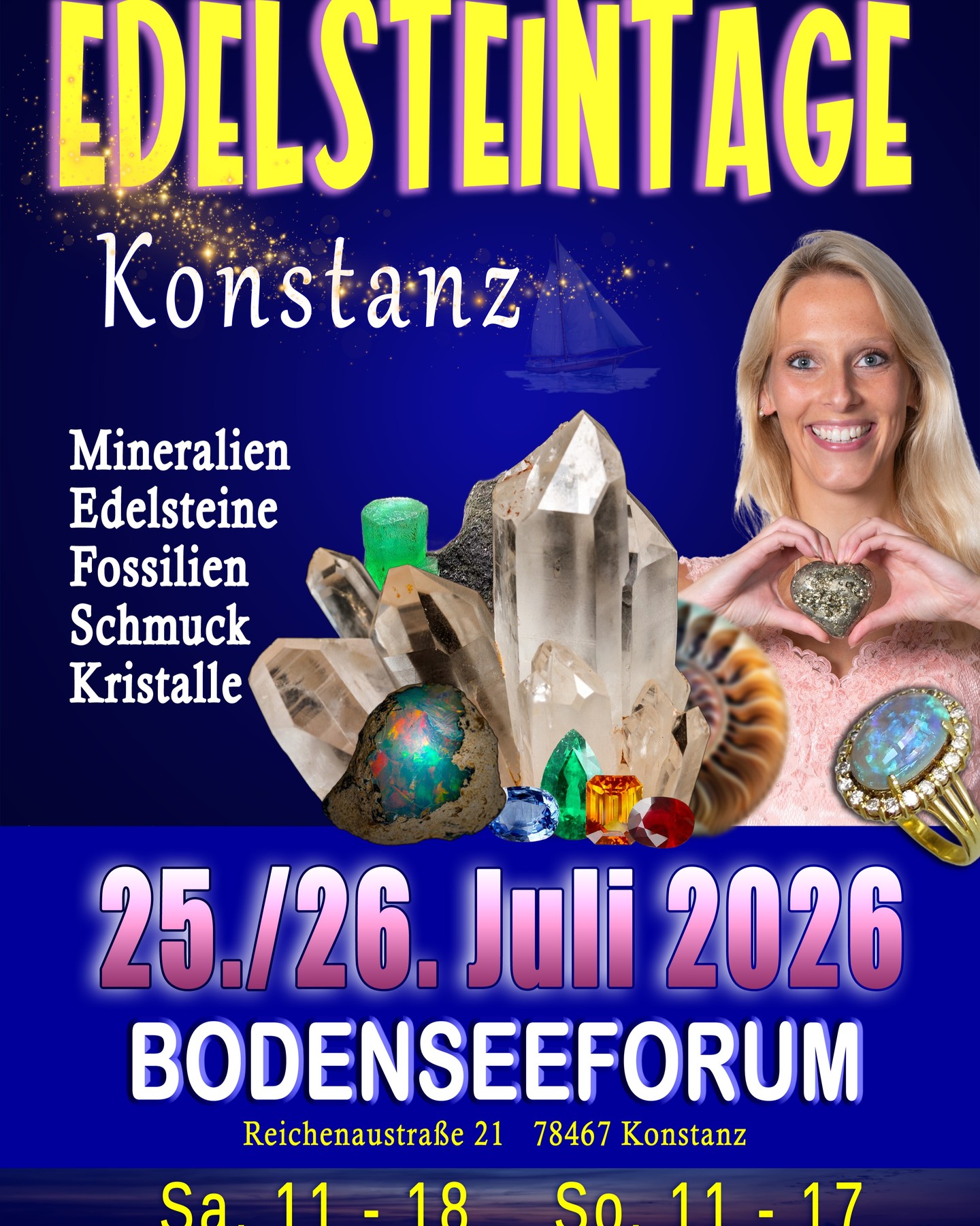 Vorschau auf einen unvergesslichen "Messe-Sommer"! 🌊🌞💦

Kommt Ende Juli 2026 zu den Edelsteintagen in Konstanz am wunderschönen Bodensee – dem Ort, an dem der Süden beginnt! 🌞 
Taucht ein in die faszinierende Welt von Edelsteinen, Mineralien, Fossilien und Schmuck. 
💎 Wir können es kaum erwarten, euch dort zu sehen😍
Kinder bis 14 Jahre haben in Begleitung eines Erwachsenen freien Eintritt👨‍👩‍👧‍👧

#Edelsteintage2026 #Konstanz #Bodensee #Edelsteine #Mineralien #Schmuck #Fossilien # #Kristalle #Steine #Juwelen #Schmuckliebe #Mineralienmesse #CrystalEvents